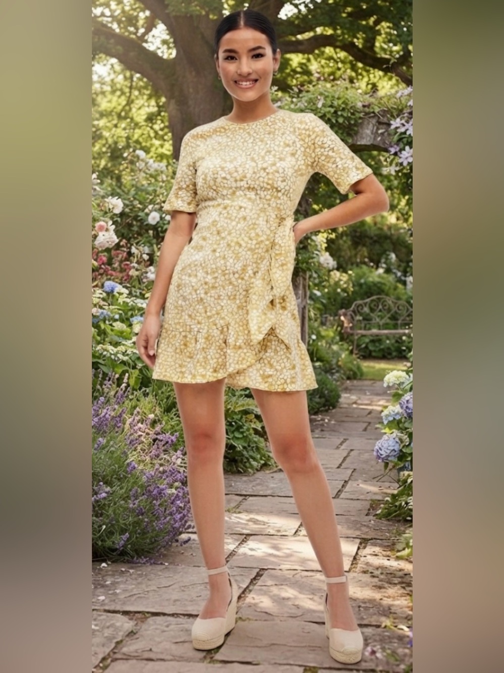 Vero Moda Yellow Floral Wrap-Detail Mini Dress